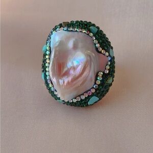 - 18K GP Natural Turquoise & baroque pearl Ring
